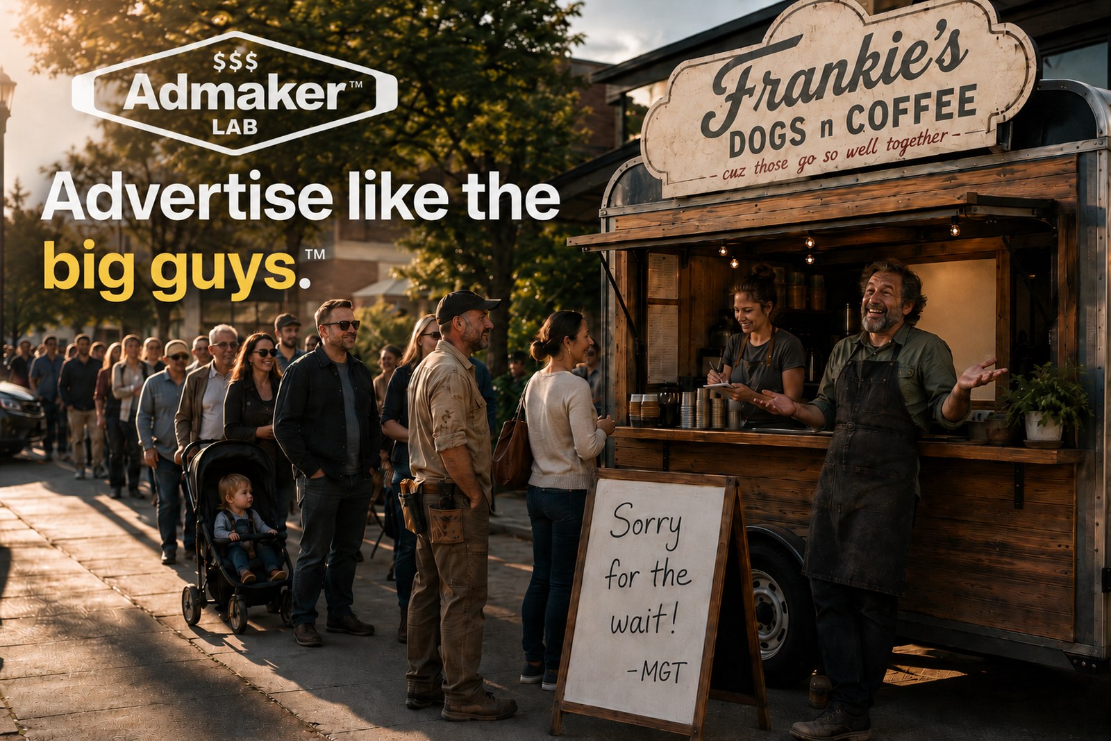 A tiny food cart with a line of customers down the block and a sign reading Sorry for the wait!