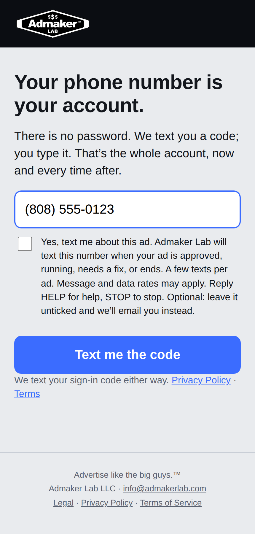 The Admaker Lab sign-in screen: a phone number field, an unticked box reading 'Yes, text me about this ad', the disclosure, and the Text me the code button